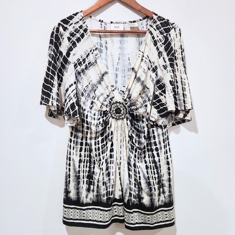 ECI Womens Ivory Black Tie Dye Medallion Studded V Neck Blouse Size XL Boho